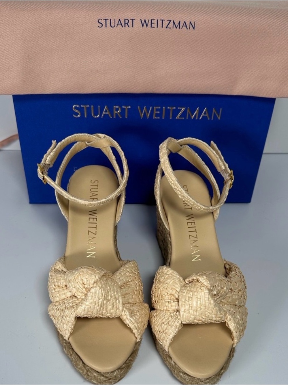 Stuart Weitzman Cream Braided Espadrille Wedges with Ankle Strap - Picture 3 of 6